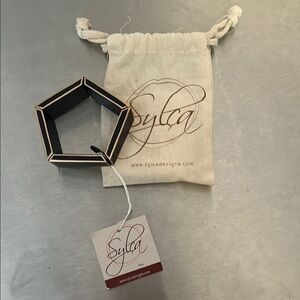 NWT SYLCA Designs Pentagon Wood Gold Trim Bracelet Stretch OS